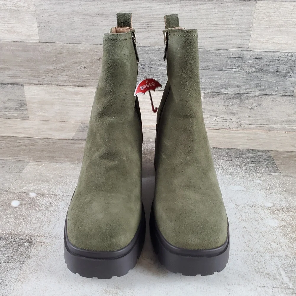 Blondo Raquel Womens Ankle Bootie Sz 10 M Olive Cow Suede Waterproof Side Zip